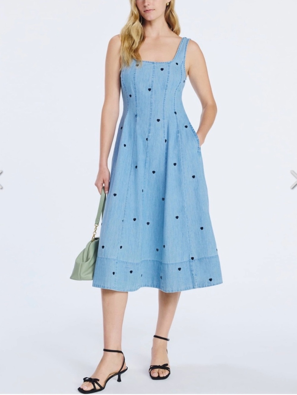 Free Assembly Panel denim Dress with Embroidered Hearts. Size Medium